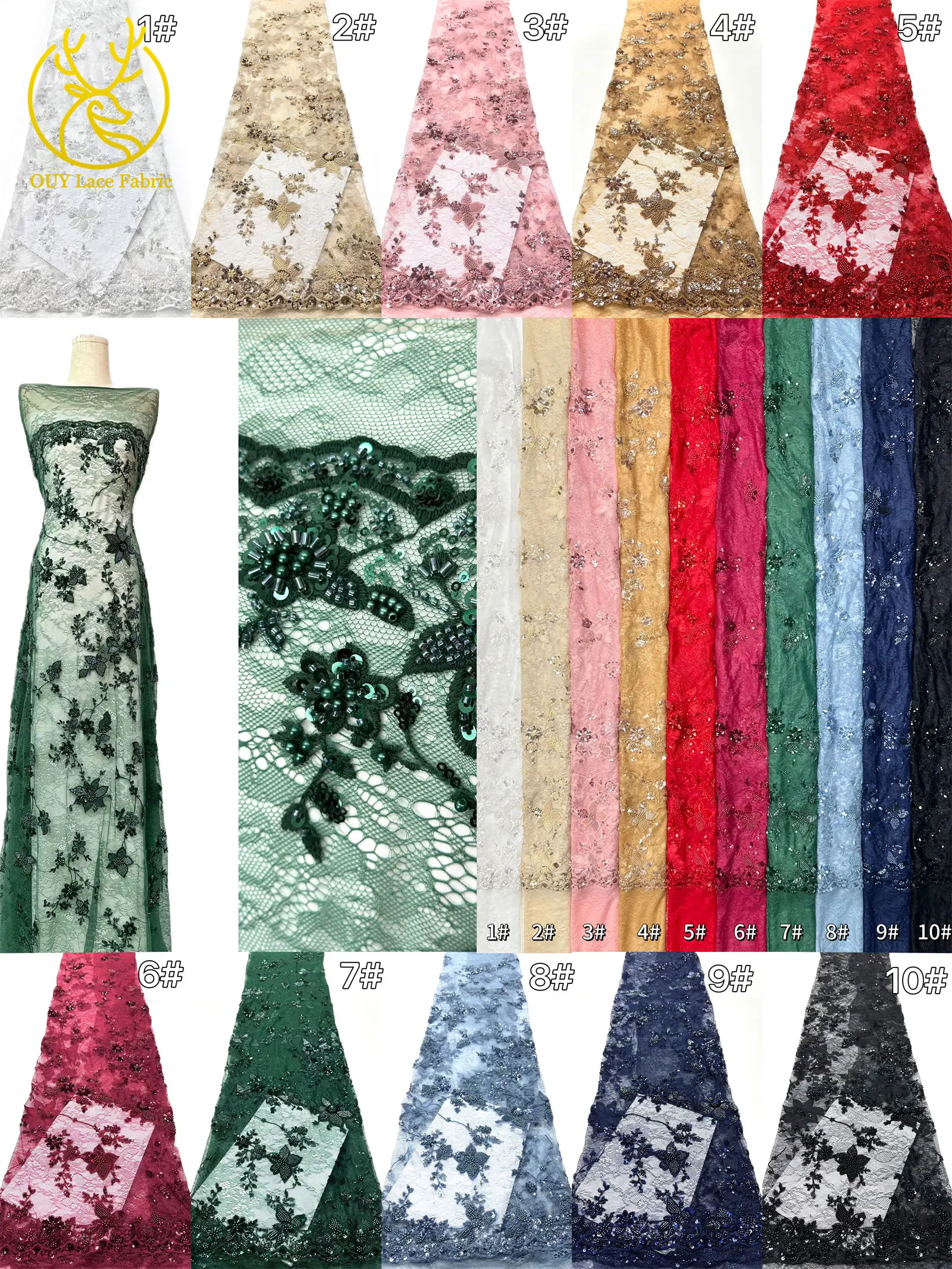 Grün Frankreich Damen Kleid Perlen Spitze Stoff 2026 Hochwertige afrikanische Stickerei Pailletten Spitze Stoff Party Abendkleid Stoff – Detail 3