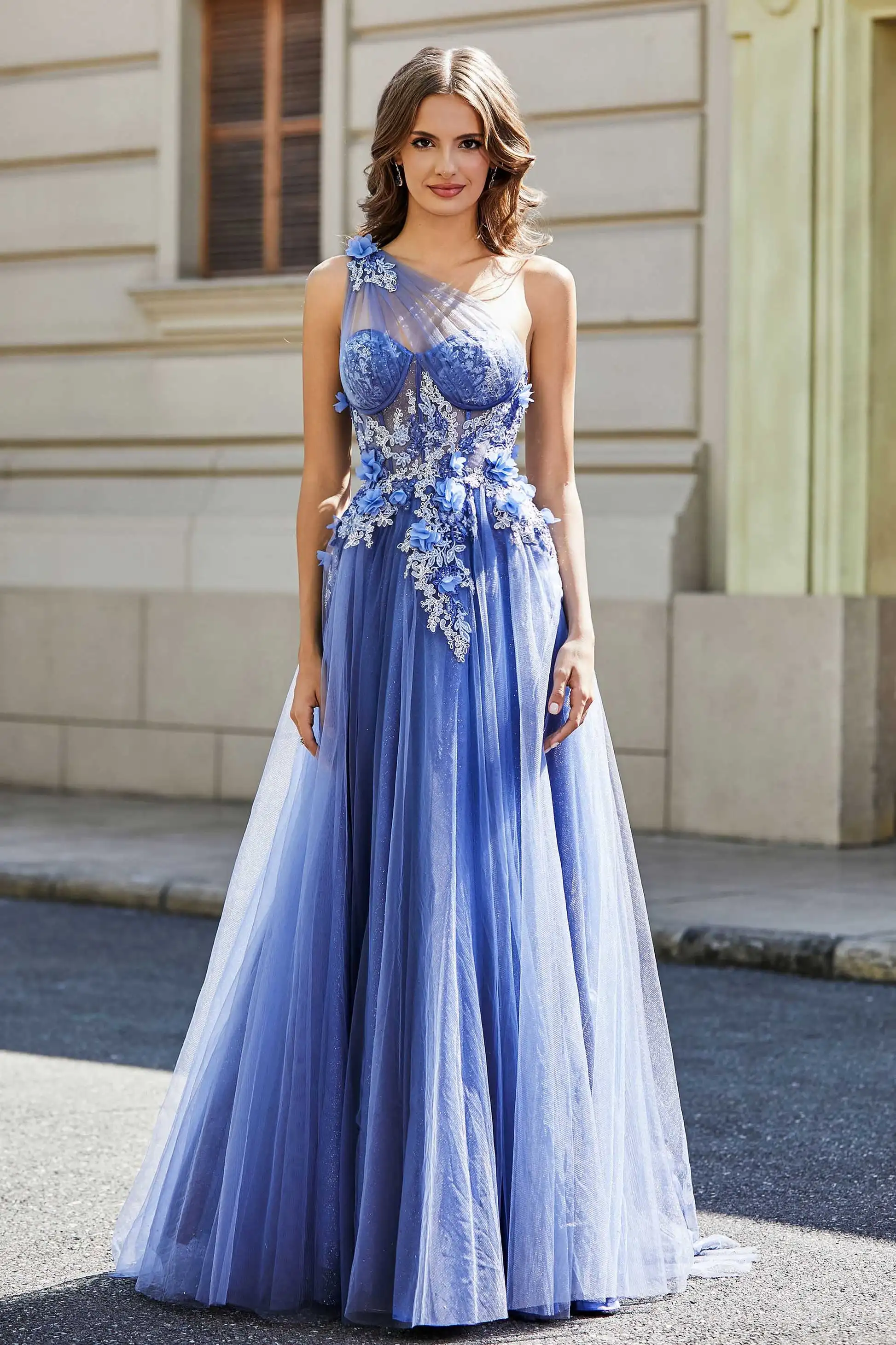 One-Shoulder A-line Long Graduation Dresses Tulle Sweetheart High Slit Backless Prom Gowns 3D Floral Appliques Princess Dress