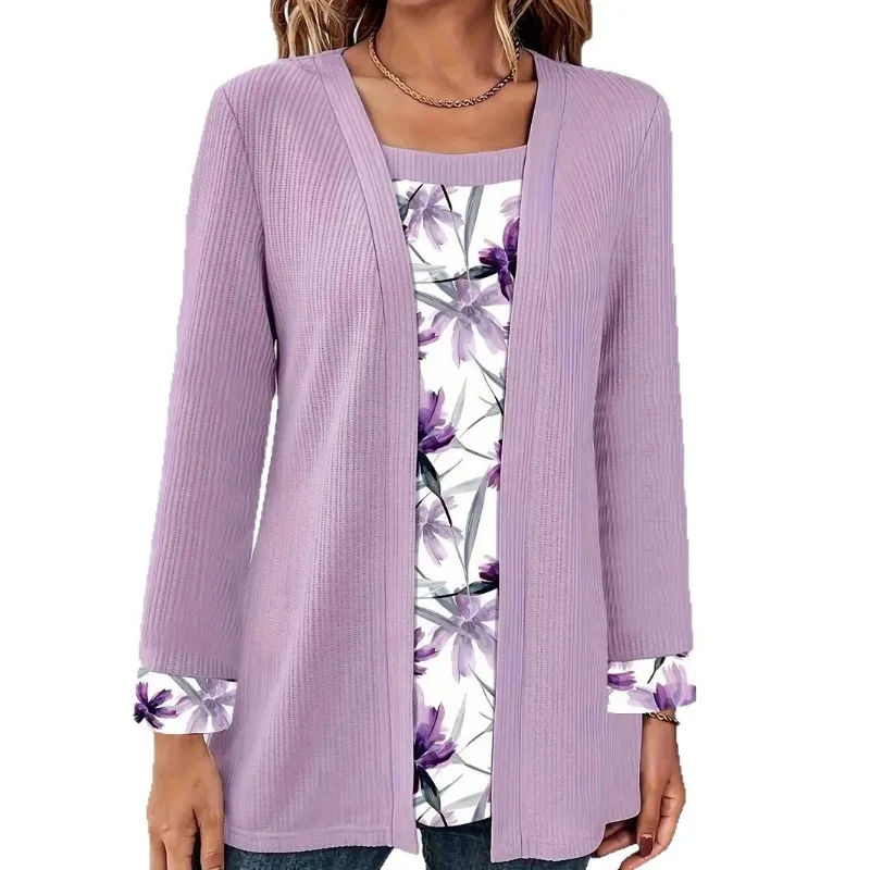 Women Floral Print Fake Two Piece Top Long Sleeve Open Front Casual Blouse With Cuff Detail