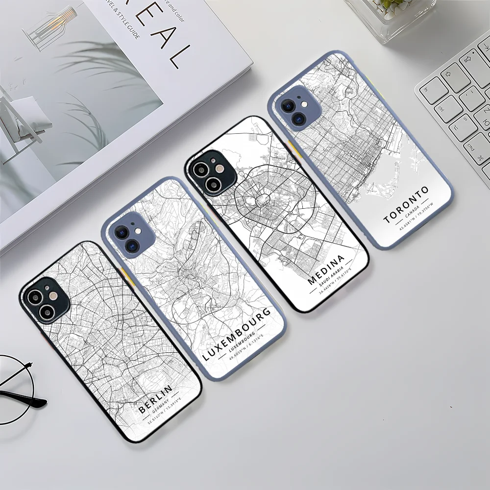 

Black City Map Phone Case for iPhone 14 11 12 13 Mini Pro Max 8 7 Plus X XR XS MAX Translucent Matte Cover