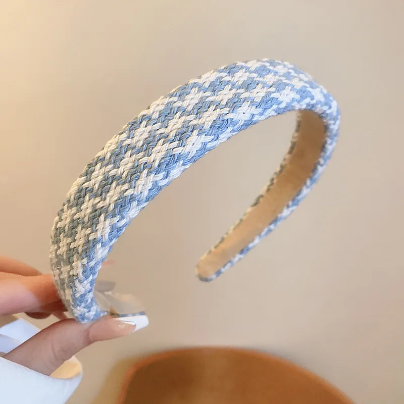 Gentle Blue Milk White Woolen Winter Hair Accessories Girl Headband Boutique Handmade Woven Denim Blue Stripe Women\'s Hair Bands