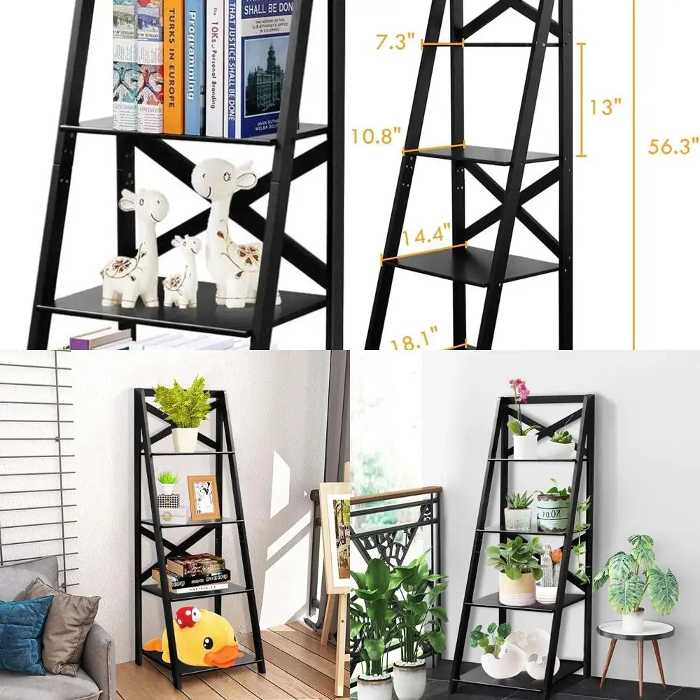 

Современная 4-х уровневая деревянная книжная полка-лестница с X-образной рамой, открытое хранилище для дома и офиса (черный)