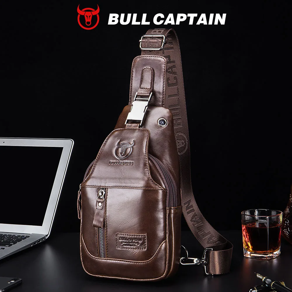 BULLCAPTAIN Genuine Leather Men's Sling Shoulder Backpack Crossbody Chest Bags Travel Hiking Daypack with Earphone Hole