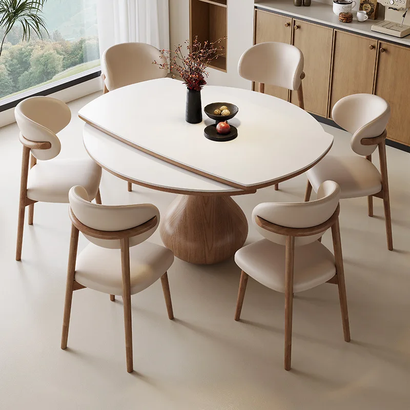 Medieval rock slab solid wood dining table and chairs, retractable folding dining table variable round table