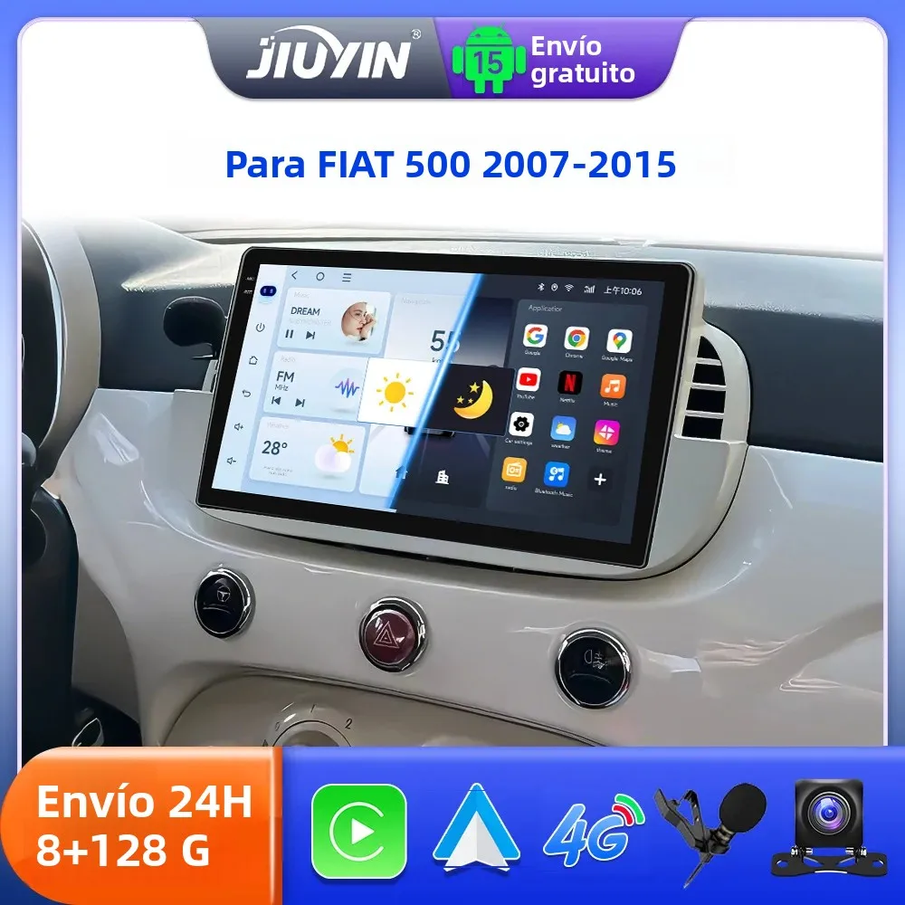 Radio para Auto JIUYIN de 9 Pulgadas con Android 15 para FIAT 500 2007-2015, Multimedia Inalámbrico, CarPlay, Android Auto, GPS, Navegación, Pantalla Estéreo 4G