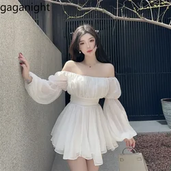 Gaganight Women Off Shoulder Elastic Long Sleeve High Waist Pleated Slim Dress Women New Gentle Princess Short Dresses