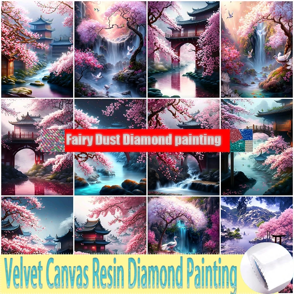 Fairy Dust Resin Diamond Painting 5D Chinese Style Landscape Mosaic Tree Full Square Cross Stitch Kits Pavilion Bridge Wall Art