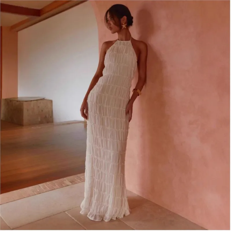 Fashion Backless Pleated Halter Maxi Dresses Women Chic Lace Up Sleeveless Loose Beach Long Dress New Vacation Party Vestidos