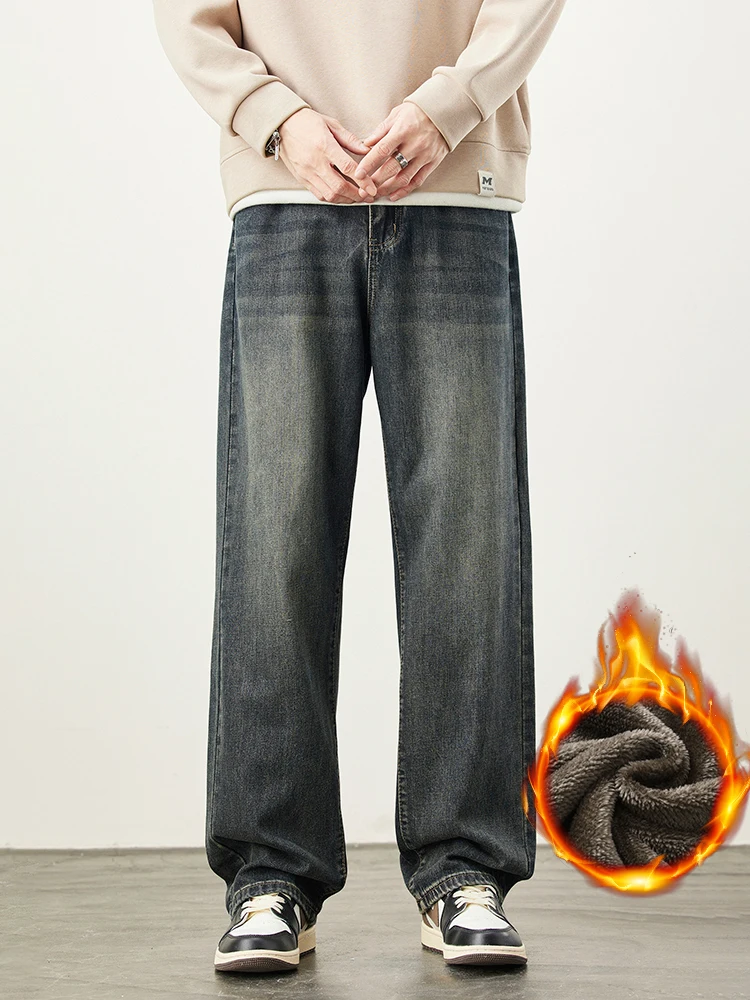 2025 inverno velo quente jeans masculino solto em linha reta vintage denim calças moda coreano streetwear grosso casual calças de veludo