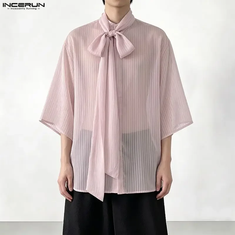 INCERUN Men Striped Shirt Stand Collar Half Sleeve Tie Up Men Clothes See Through Sexy 2026 Shirts Loose Streetwear Fashion Tops