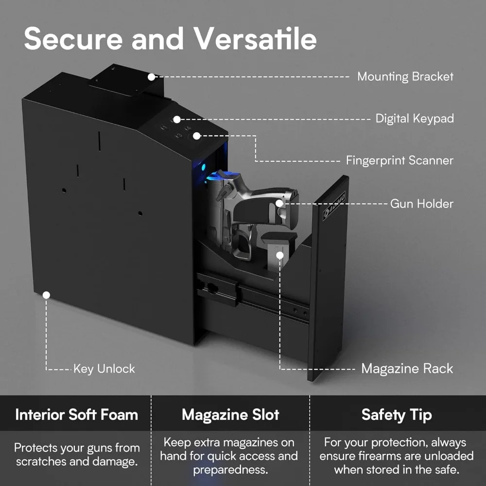 Handgun Safe, Slider Biometric Fingerprint Gun Safe for Handgun Supports 3 Quickly Access Ways, Fingerprint, PIN Code and Key,