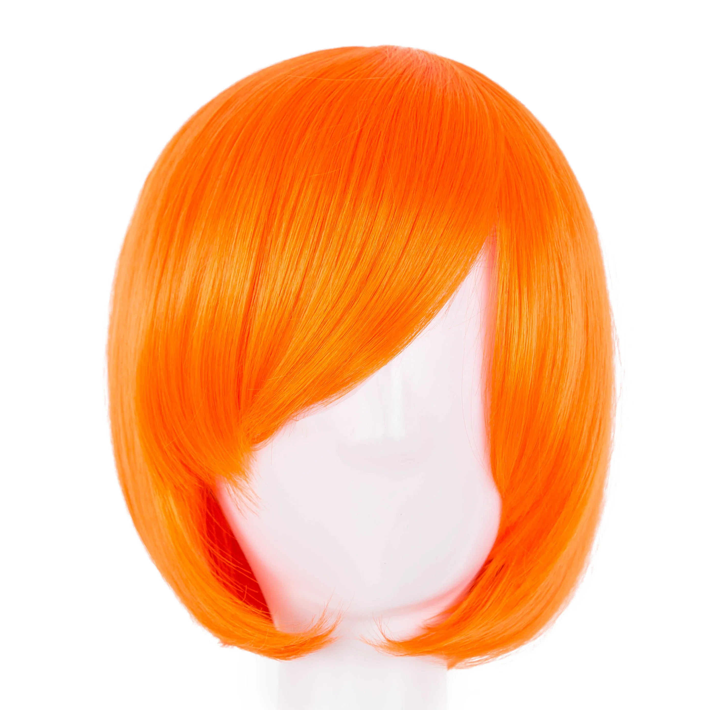 Fei-Show Short Wavy Wig Flat Bangs Bob Orange Hair Synthetic Heat Resistant Halloween Party Salon Costume Cos-play Hairpiece