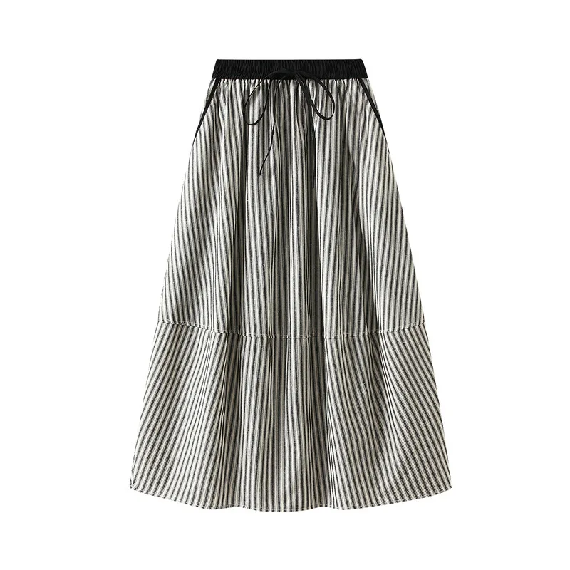 New In 2025 Spring Trendy Striped Lace Up High Waist A-line Medium Long Skirt Women Fashion Sweet Casual Elegant Skirts