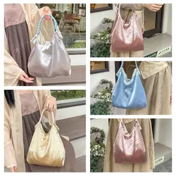 Fashion Large Capacity Satin Shoulder Bag Korean Style Underarm Bag Pure Color Tote Bag Lightweight Drawstring Handbag Shopping