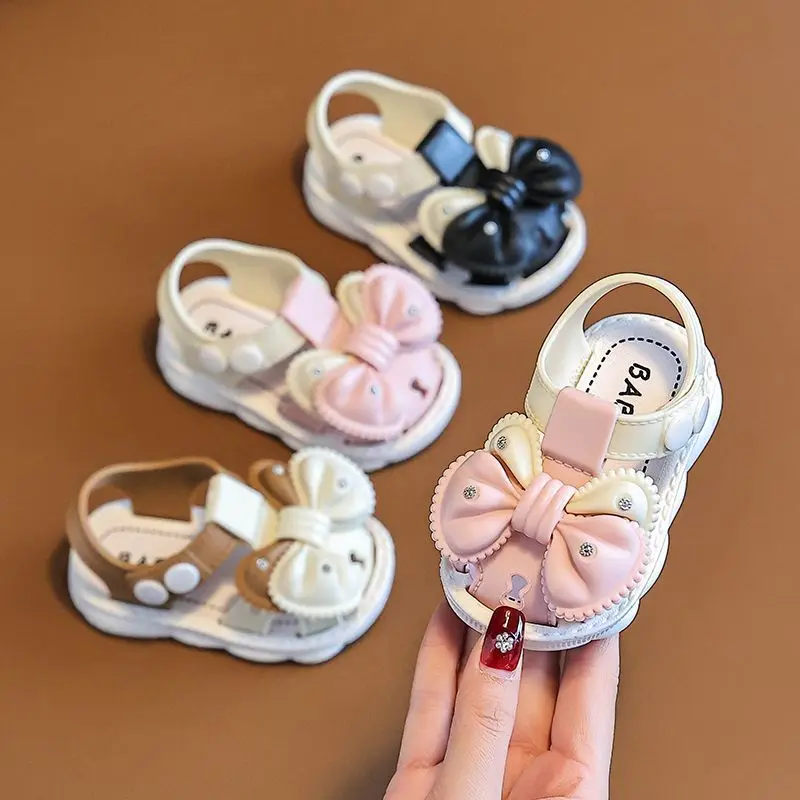 New Summer Aged 0-3 Cute Bow Rhinestone Baby Shoes For Girls Non-Slip Soft-Soled Children Toddler Kids Sandals With Covered Toes