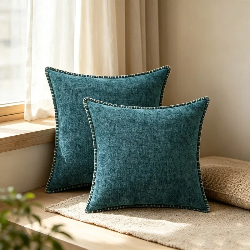 1pc Soft Chenille Pillow Cover with Stitched Edges Farmhouse Velvet Pillowcase, Decorative Square Pillow Sham for Sofa and Bed