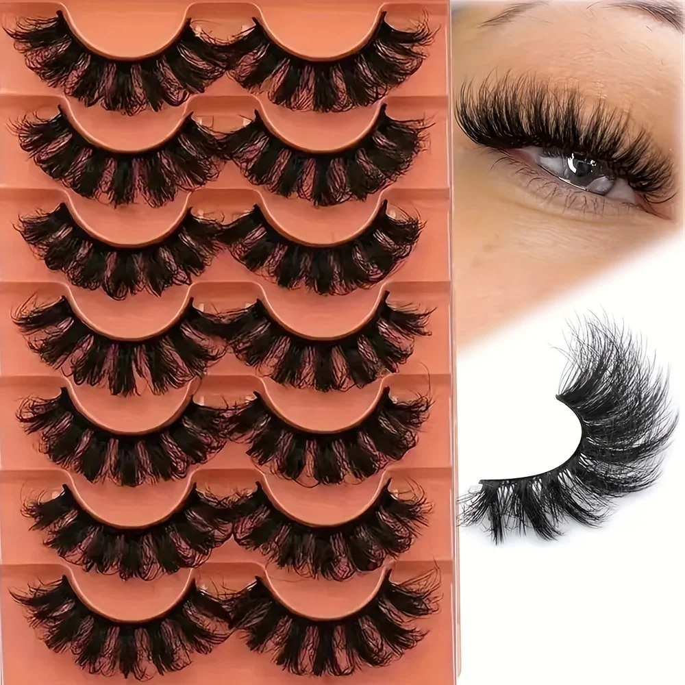 7 Pairs Faux Eyelashes, Fluffy False Eyelashes, 20mm Full Wispy Strip Eyelashes, 8D Volume Curly False Eyelashes