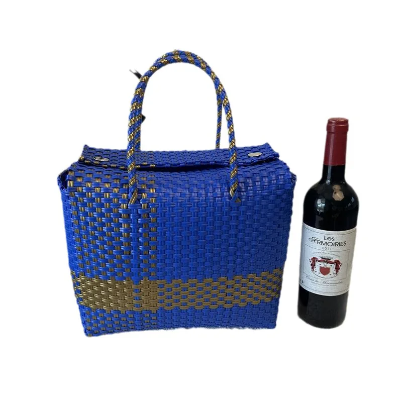 Fashion Hand-woven vegetable basket Fruit bag woven contrast color handbag Large-capacity Bump Color Woven Vegetable Basket