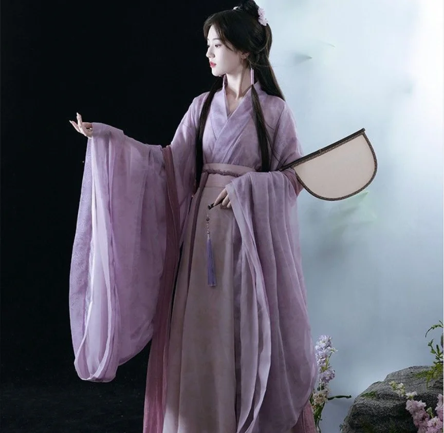 

Chinese Style Adult Hanfu Dress in Wei and Jin Dynasty Fashion with Wide Collar, Broad Sleeves, and Eight-Part Skirt for Everyda