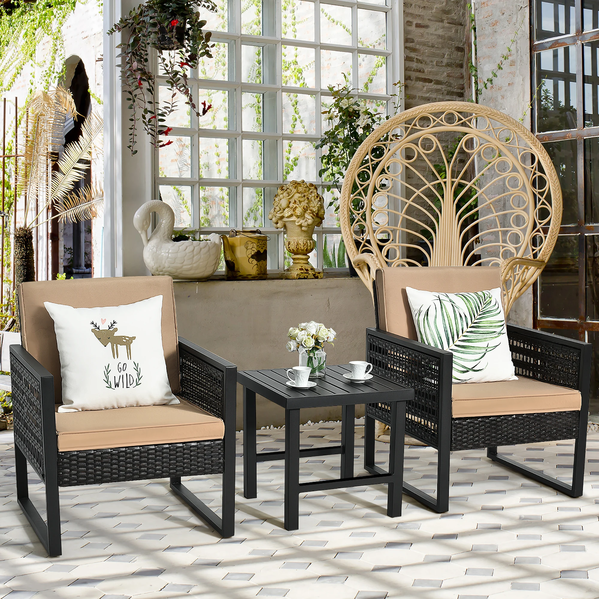 3PCS Patio Rattan Bistro Furniture Set Cushioned Sofa Chair Coffee Table Garden