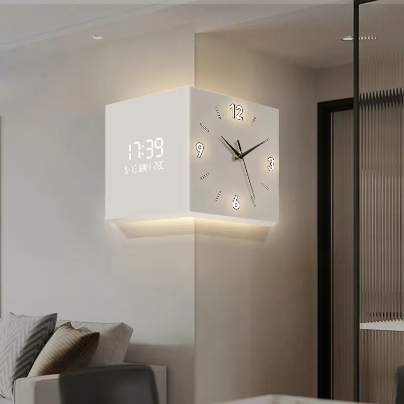 Simple and Stylish Corner Double-sided Wall Clock with Silent Digital Display (Pointer Style) Suitable for Living Room