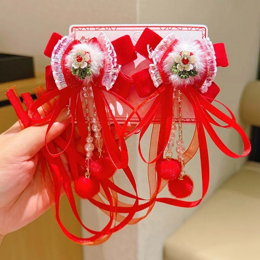 

2pcs Cute Lion Children's Chinese Hairpin Bow Flower Embroidered Bow Headwear Tassel Plush Ball Hanfu Hair Accessories Festival