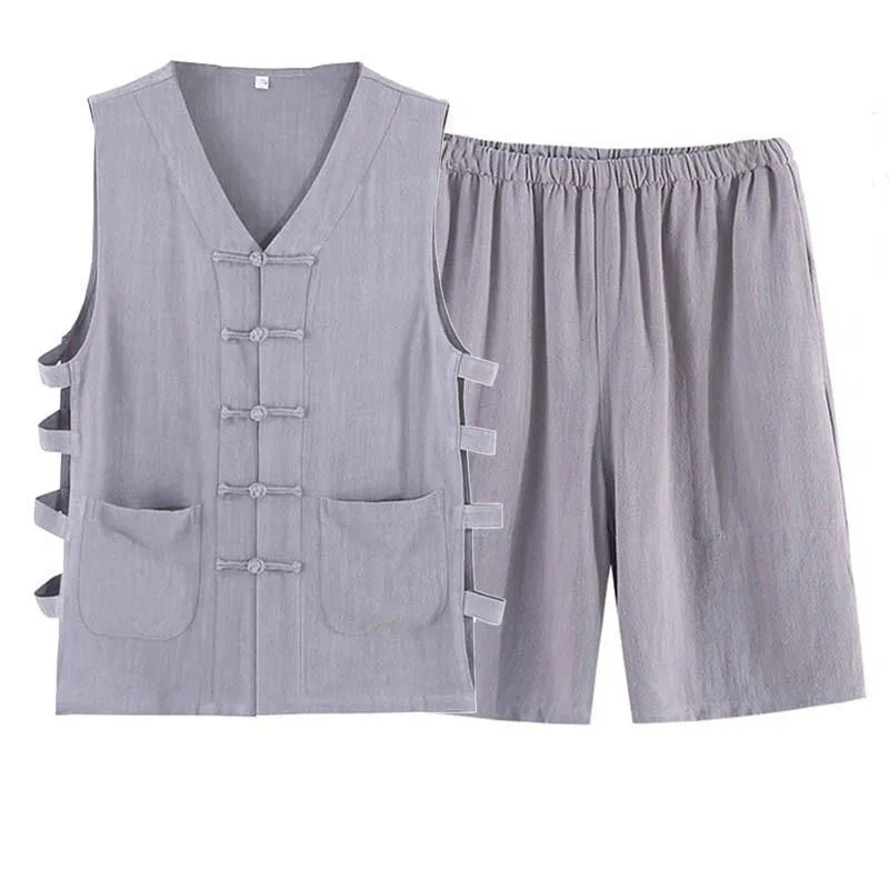 Tagkita Summer Linen Sleeveless Vest Shorts Thin Shoulder Pad Men's Chinese Style Retro Suit Casual Pure Color Ethnic Clothing
