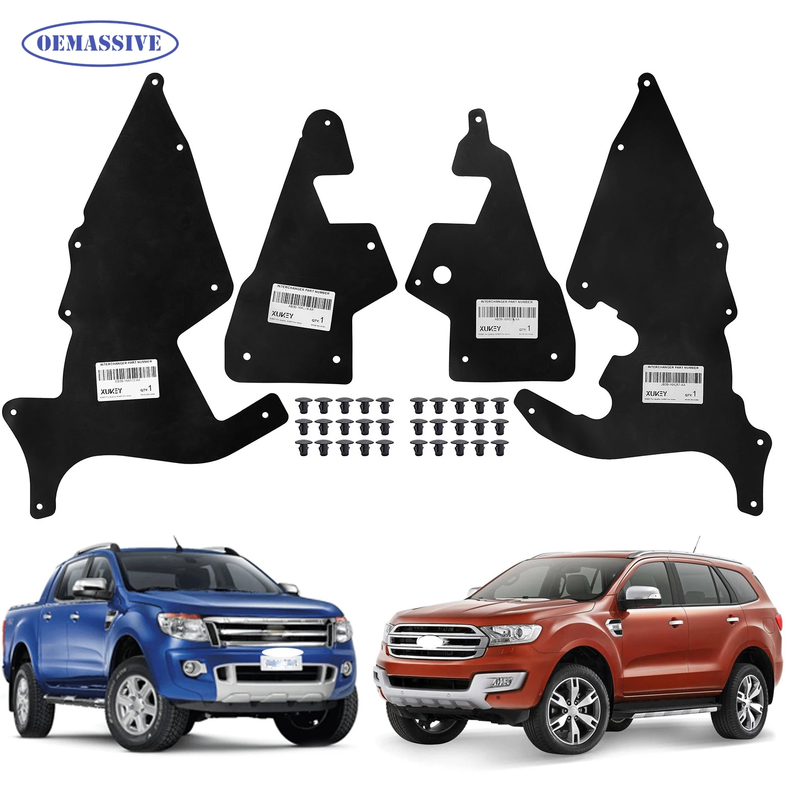 4x Splash Shields with Clips for Ford Ranger P375 T6 Everest Fender Liners Apron Skirts Guards Seals AB3916A573AA AB3916A574AA