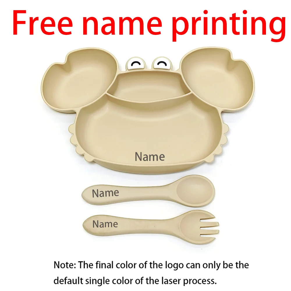 Free Name Printing Children's Tableware Crab-Shaped Plate Fork Spoon Silicone Material Gift for Boys and Girls