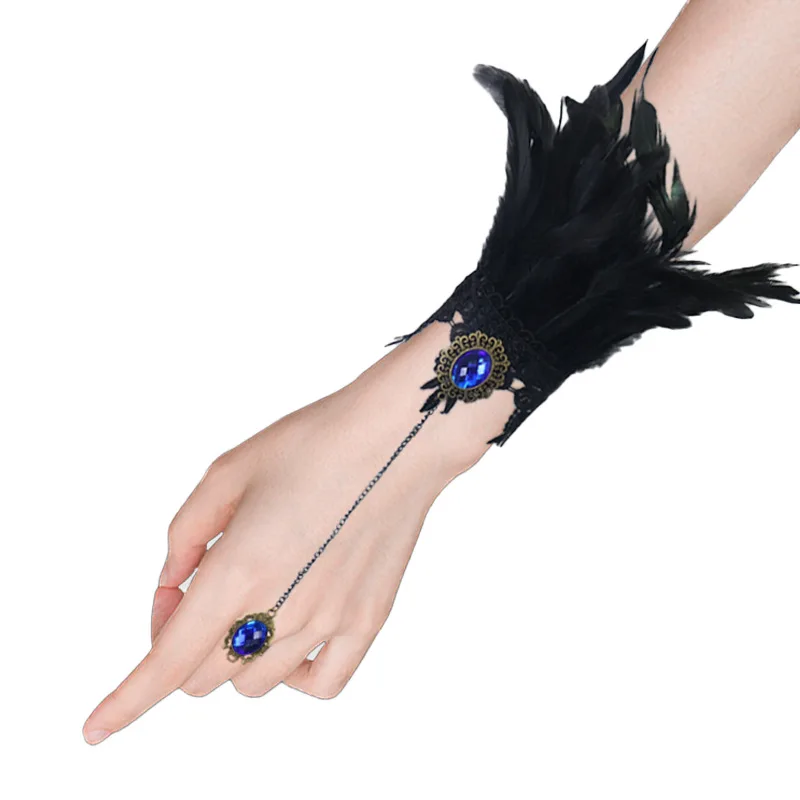 هالوين جديد الدانتيل سوار إصبع واحد سوار القوطية نمط مع الماس والريش الدائري قطعة واحدة مجوهرات اليد