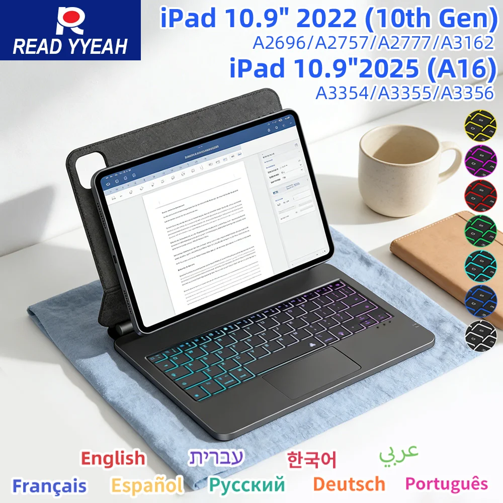

READYYEAH Magnetic Magic Keyboard Case For iPad 10th 2022 11th 2025 Wireless Backlit Tablet Case Spanish Smart CoverFrench