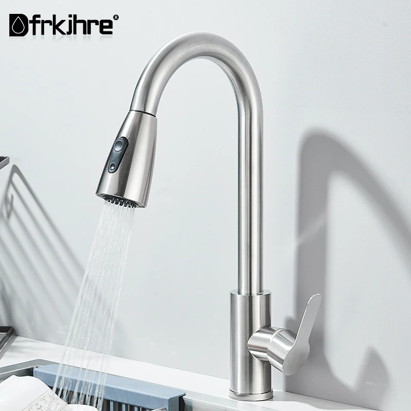 304 Stainless Steel Kitchen Faucet Single Hole Pull Out Spout Kitchen Sink Mixer Tap Stream Sprayer Head 360 Rotation Faucet