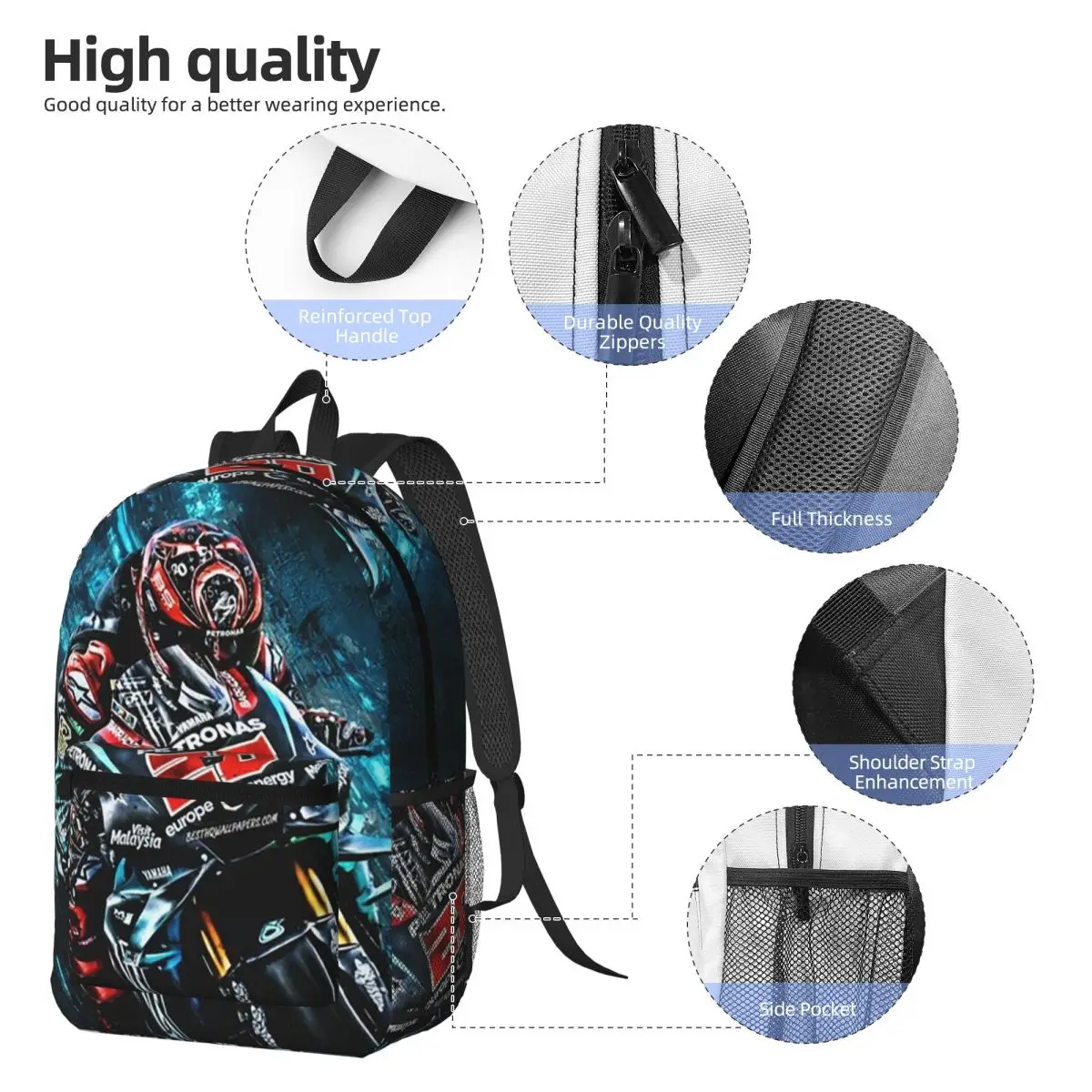 Fabio Quartararo French Motorcycle Racer Backpack Student BookBag Kids School Bag Computer Shoulder Bags for Men Women