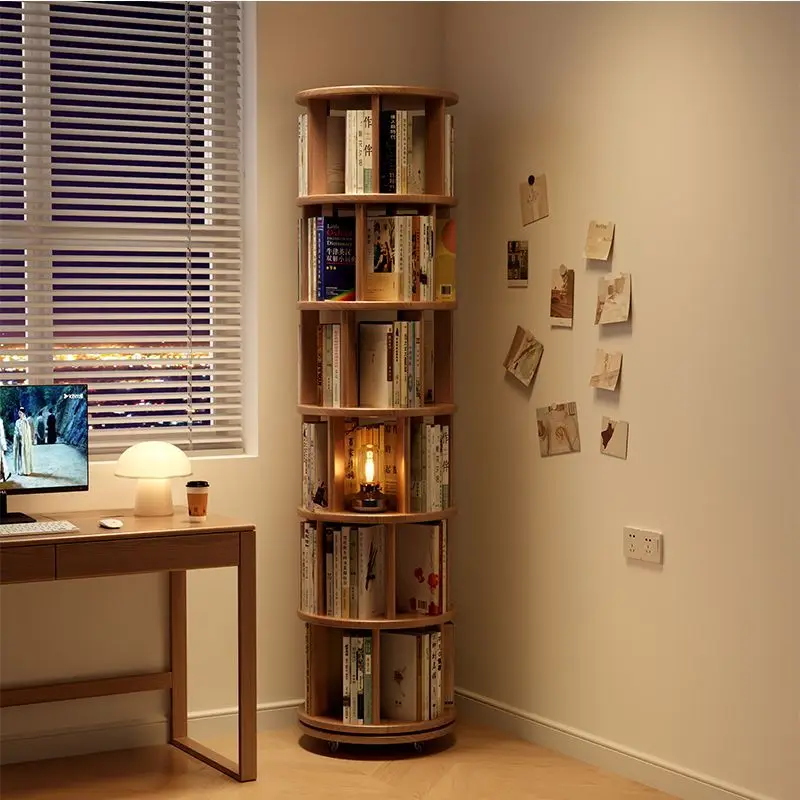 Solid wood movable round rotating bookshelf 360 ° bookcase storage home living room floor six-layer shelf