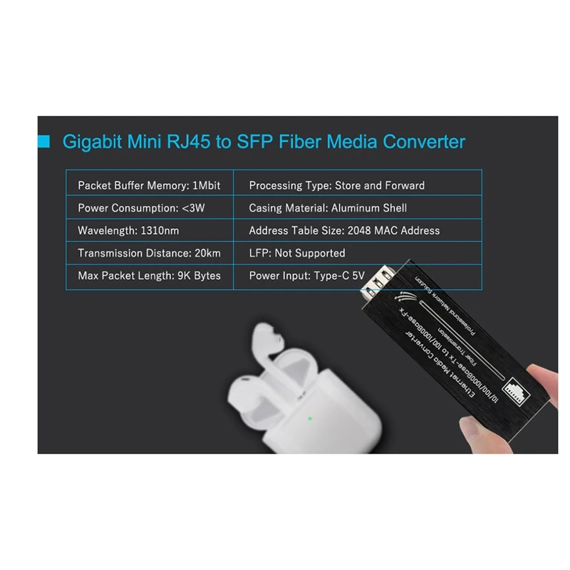 A69F-Mini Gigabit Fiber Media Converter 1000Mbps Ethernet With 1310Nm Single Mode 20Km SFP Module And Type-C Input