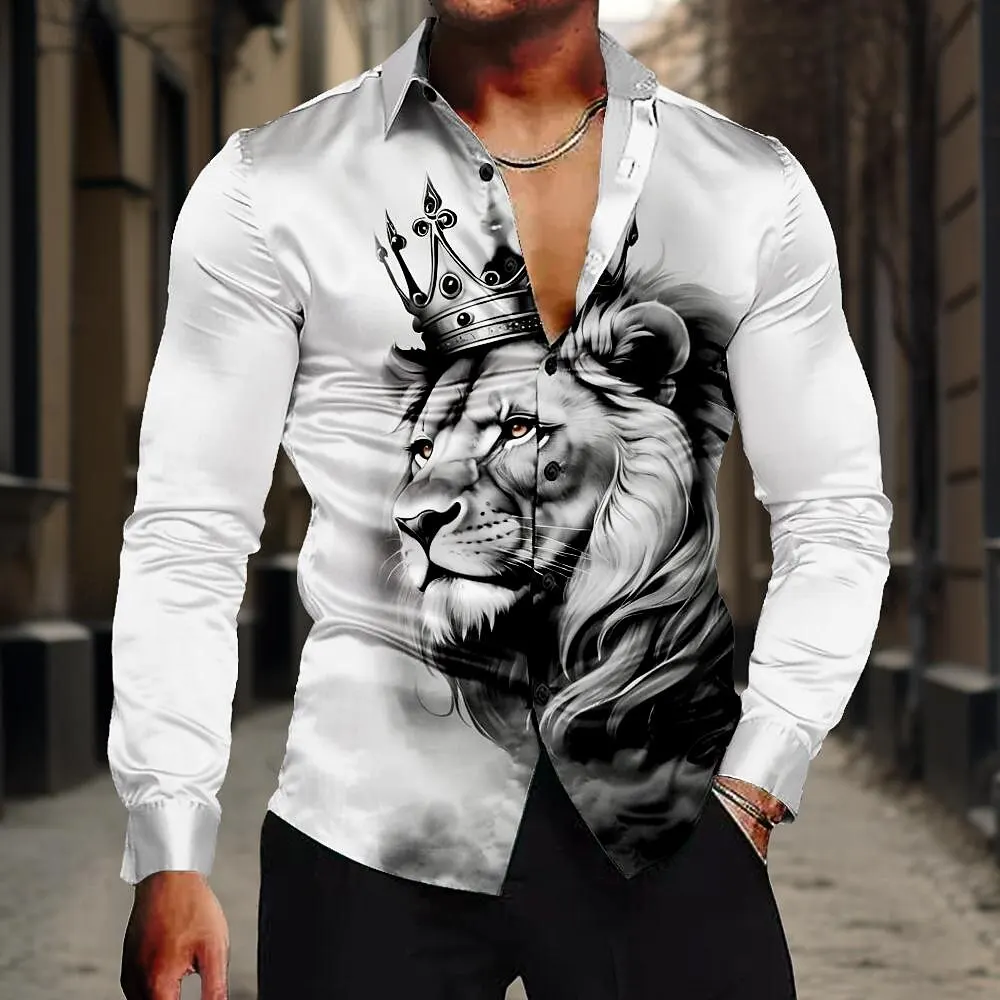3D Printed Lion Graphic Men's Lapel Shirts Autumn Outdoor Casual Long Sleeve Clothes Fashion Design Breathable Comfortable Shirt