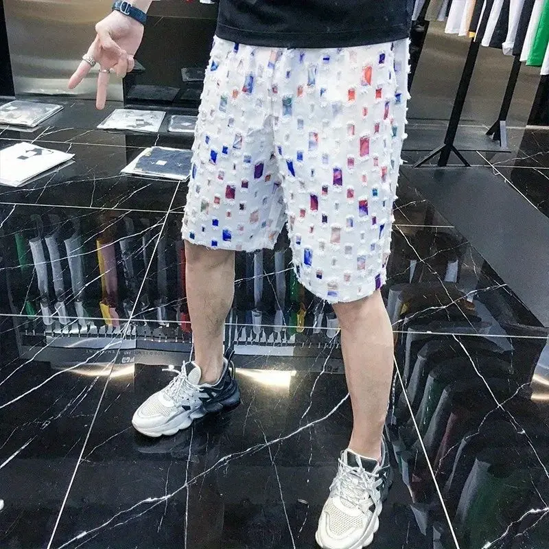 2024 New Summer American Retro Irregular Loose Casual Men\'s Wear Hip Hop Mixed Cotton Hollow Out Decorations Y2K Chic Short Pant