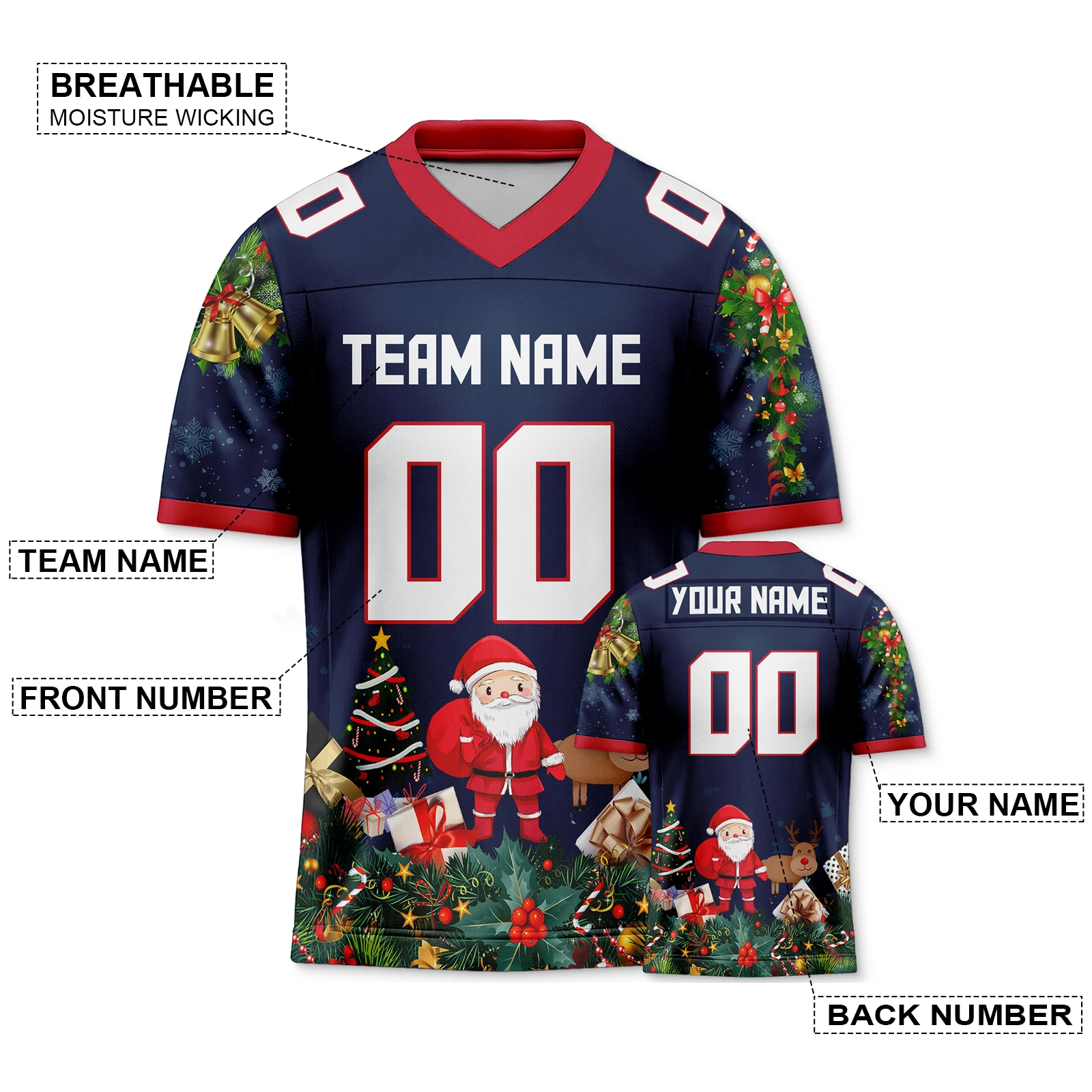 Custom Christmas Football Shirt with Printed Team Name Number Navy-Red American Football Jersey for Men Women Youth Kids Gift