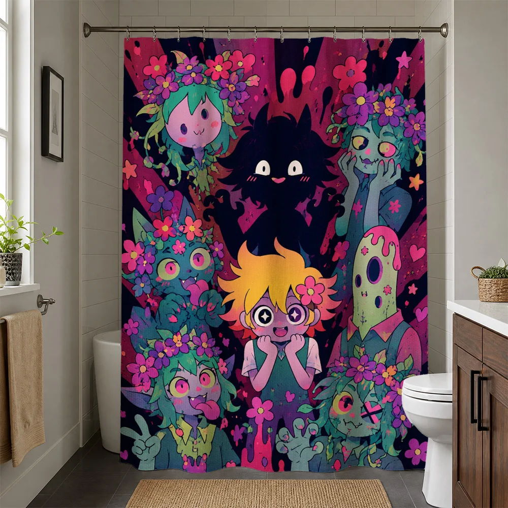 Cute Kawaii Cartoon Characters Shower Curtain Fun Colorful Pop Art Bathroom Decor for Kids and Teens