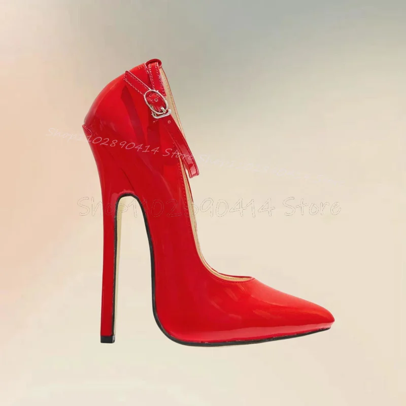 

Red Super High Heel Patent Leather Pumps Ankle Buckle Strap Women Shoes Thin High Heels Pointed Toe New 2025 Zapatos Para Mujere