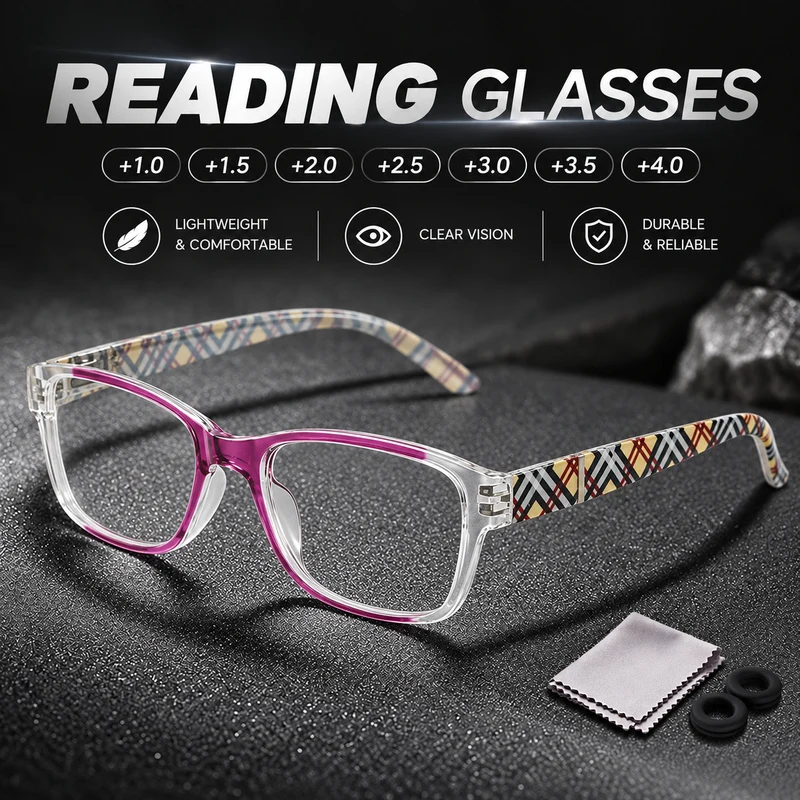 1 Pair Elegant Reading Glasses +1.0 to +4.0 with Cleaning Cloth and Anti-Slip Ear Hooks for Daily Reading
