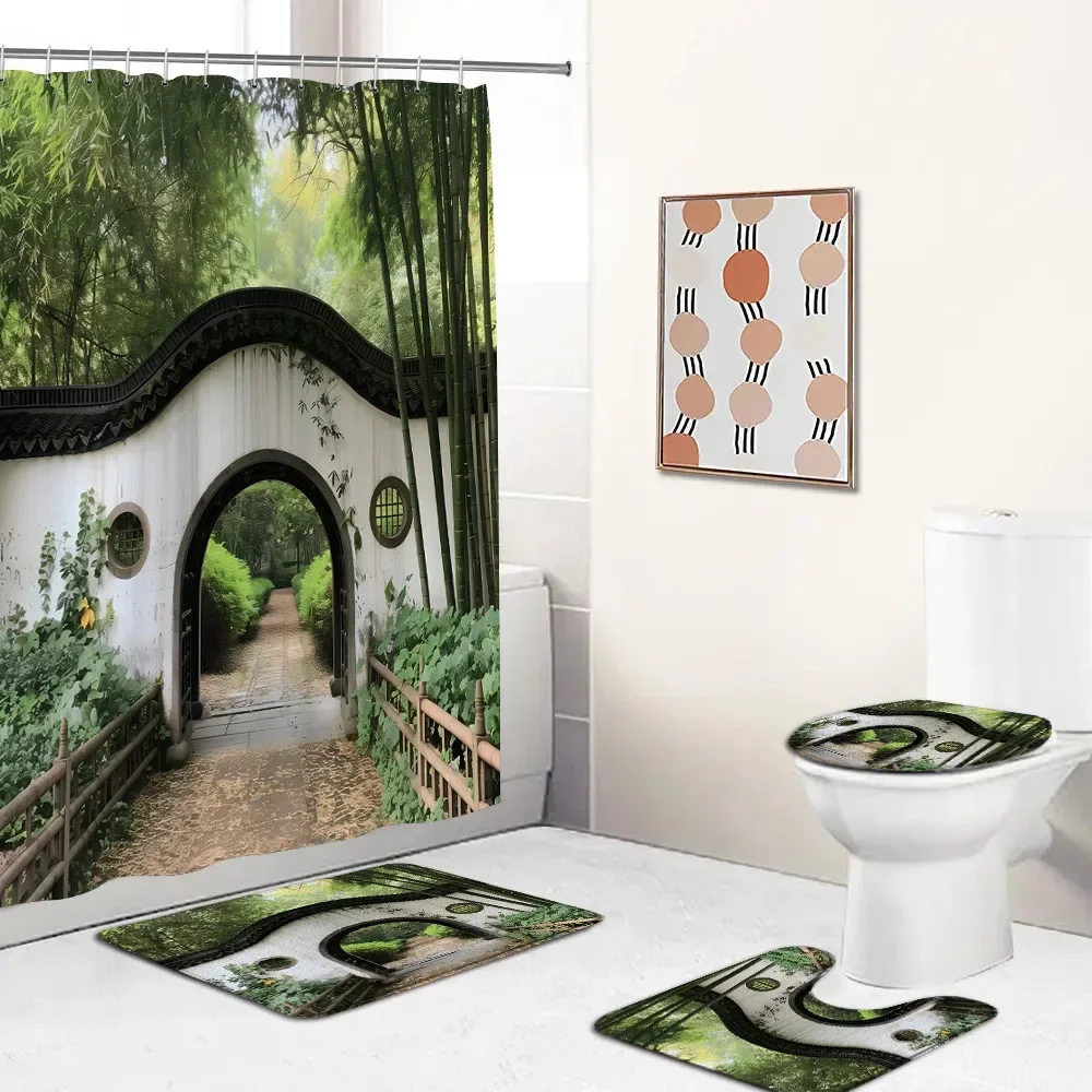 Chinese Courtyard Shower Curtain Set Arch Door Green Tree Bamboo Yard Path Garden Bathroom Decoration Bath Mat Toilet Lid Cover