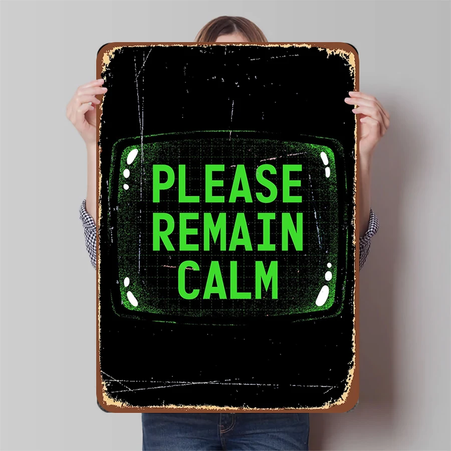 Please Remain Calm Vintage Metal Sign Retro Green Grid Pattern Wall Decor for Home Office Garage Man Cave Artwork