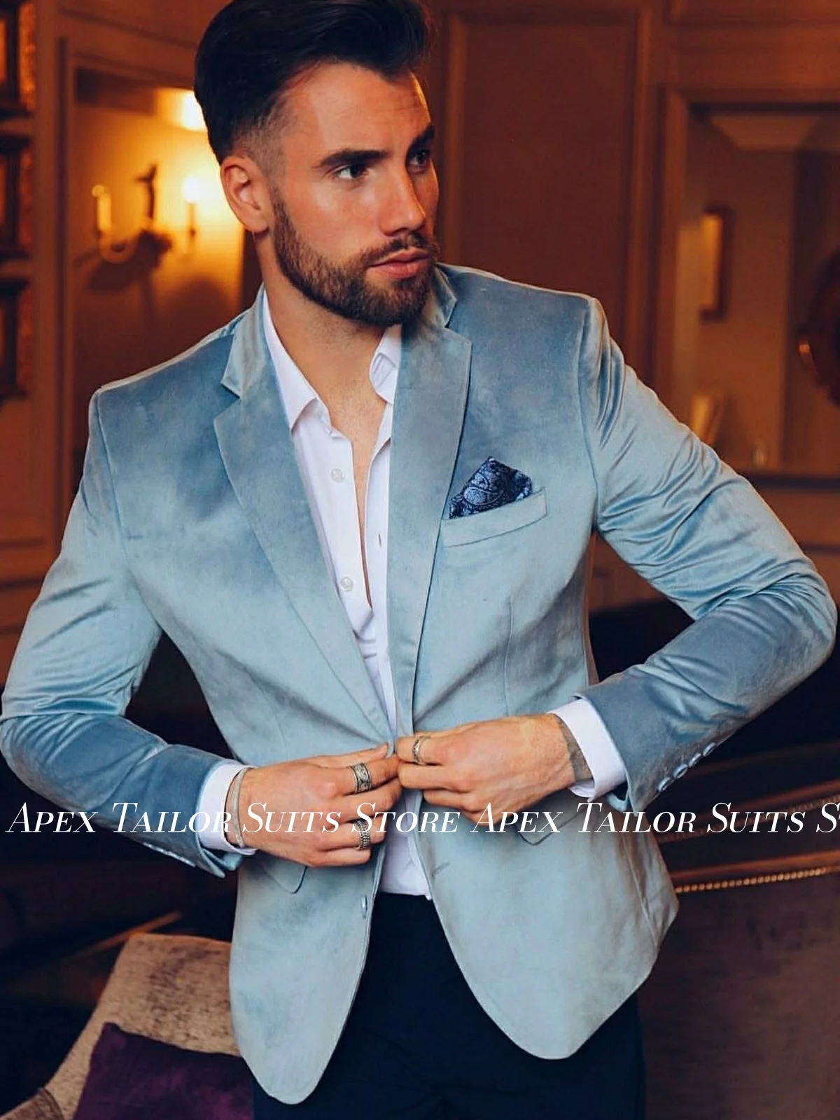 Light Blue Velvet Men Blazer Notched Collar Suit Coat Gentleman Wedding Banquet Prom Tuxedo Jacket Customized