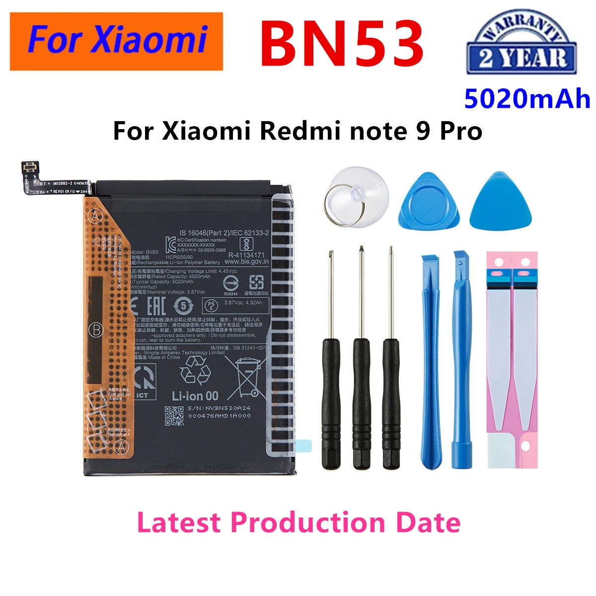

Brand New BN53 5020mAh Battery For Xiaomi Redmi note 9 Pro Phone Batteries+Tools