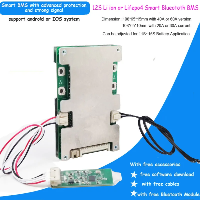 12S  50.4V  Li ion Smart Bluetooth BMS with 20A 30A 40A 60A constant current UART communication software PCB board