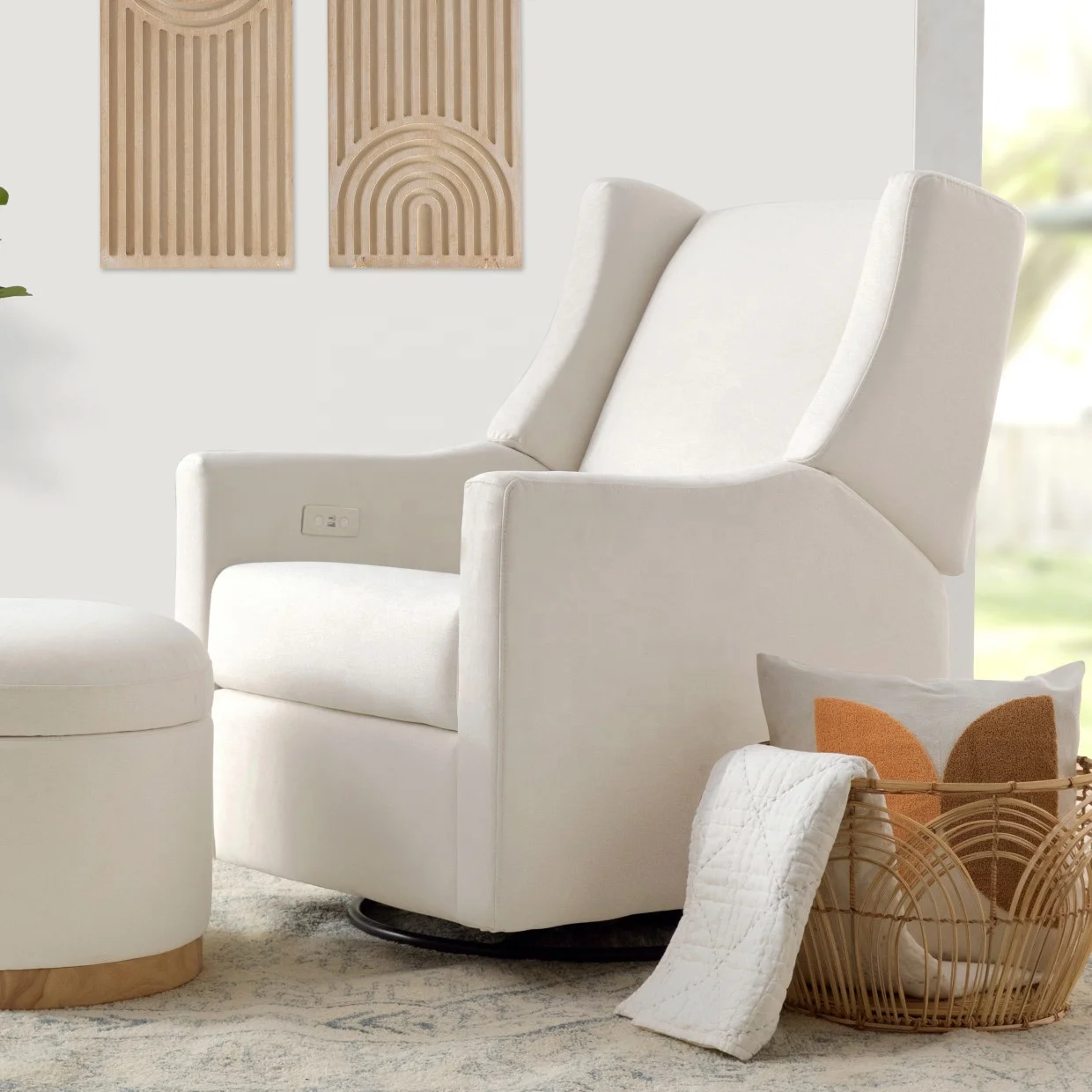 White wool fabric rotating sliding sofa chair comfortable living room rocking chair recliner upholstered seat