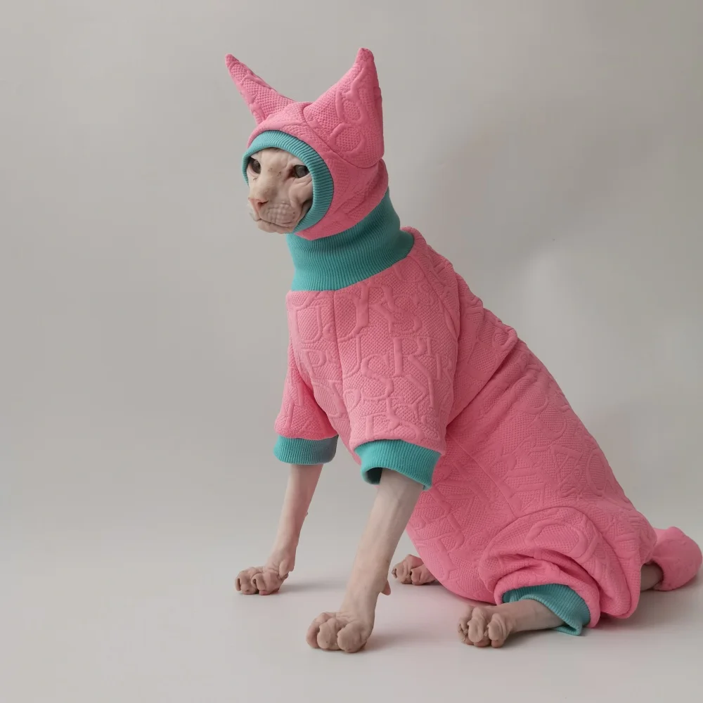 Sweet Spring Elegant Pink Suit for Sphynx Cat 4-legged Coat Hat Tail Cover Sweatshirt Set for Female Cats Jumpsuit for Devon Rex