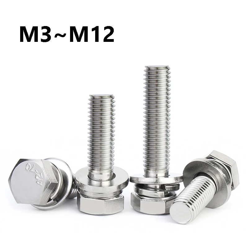 304 Stainless Steel Hex Head Combination Screws M3 M4 M5 M6 M8 M10 M12 with Flat/Spring Washers for Furniture DIY Hardware
