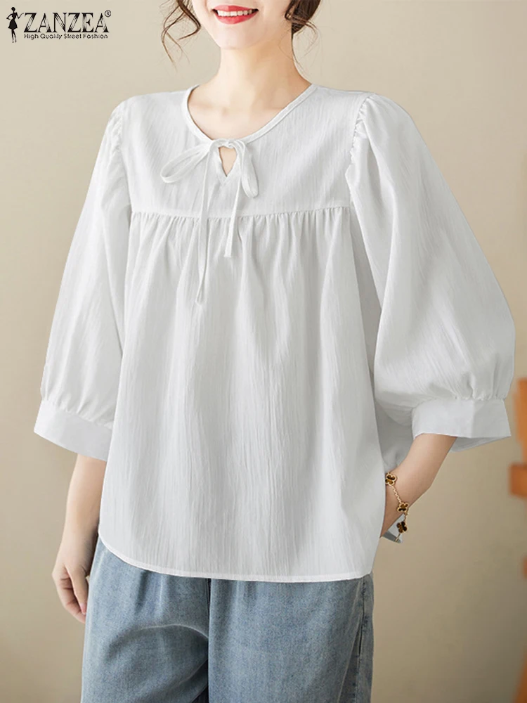 

ZANZEA 2025 Women Casual Blouses Fashion 3/4 Puff Sleeve Solid Color Tunic Tops O-Neck Bandage Shirts Summer Blusas Femininas